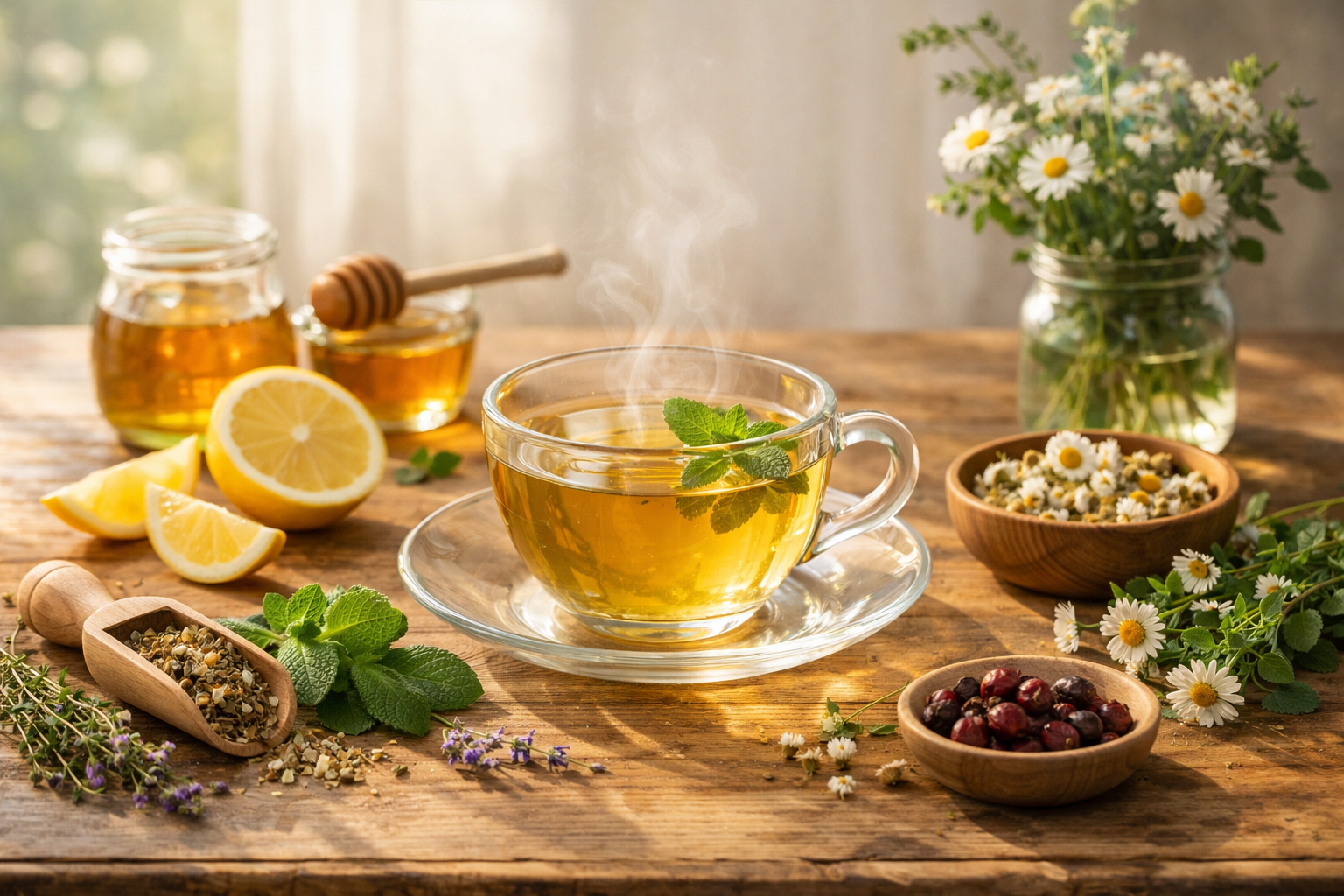 serene morning scene with herbal tea cup and fresh natural ingredients on wooden table with soft natural lighting