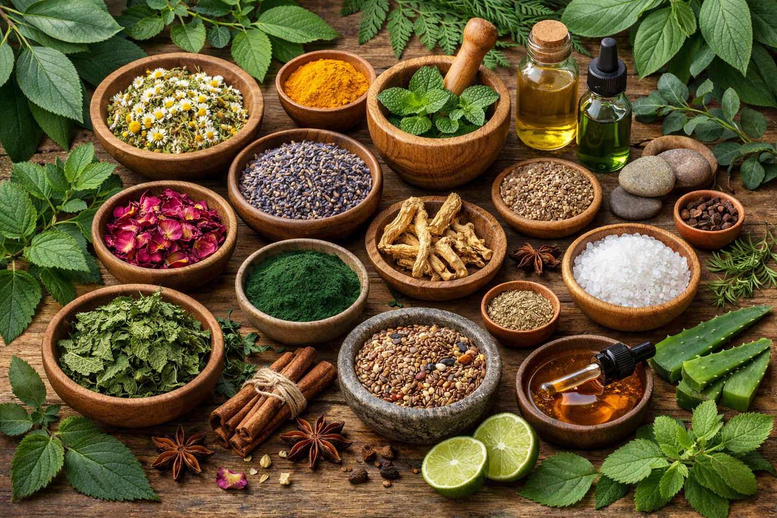 variety of natural herbs and botanical ingredients arranged aesthetically with green leaves and natural earth tones
